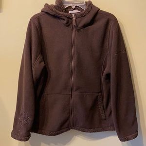 Free Country Fleece Jacket Coat Brown Fuzzy Cozy Warm Embroidered Sleeve Large